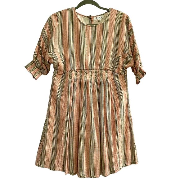 Anthro THML Smocked A-Line Lined Striped Midi Dress Pink Blue Elbow Sleeve Sz S - Picture 1 of 15